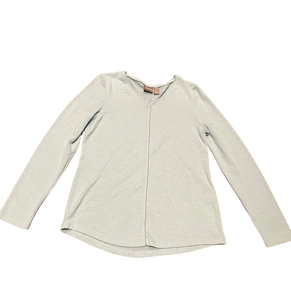 Chicos Size 0 Light Blue Top Tee Long Sleeve V-Neck‎ Silver Accent Lightweight